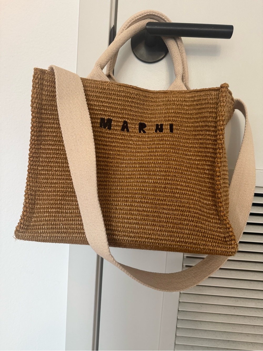Marni Brown Raffia Tote with Cream Strap